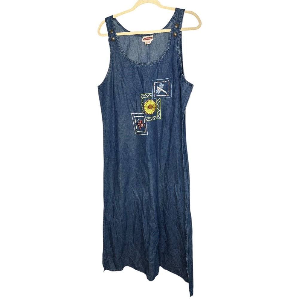 Vtg Overall Dress Jumper S Denim Maxi Embroidered Dragon Fly Sunflower Modest